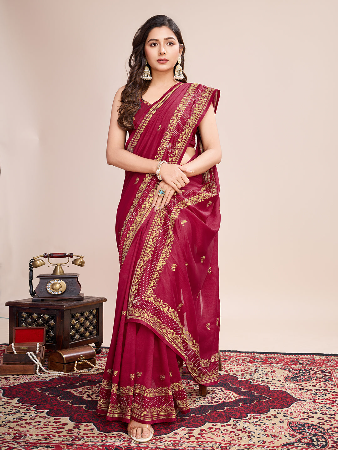 Vedant Vastram Vichitra Silk Embroidered Work Saree - Maroon - Distacart