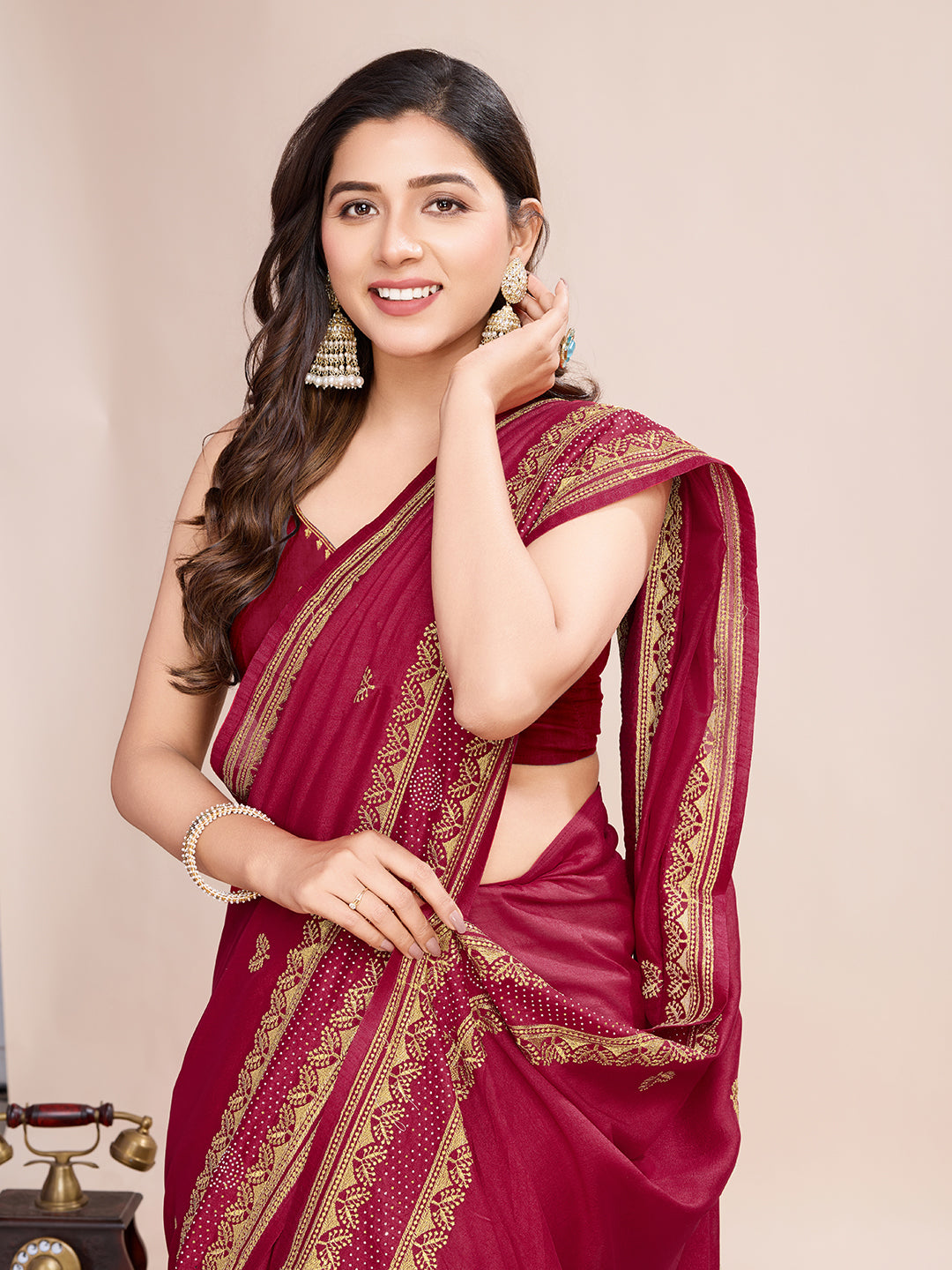 Vedant Vastram Vichitra Silk Embroidered Work Saree - Maroon - Distacart