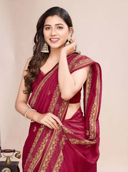 Vedant Vastram Vichitra Silk Embroidered Work Saree - Maroon - Distacart