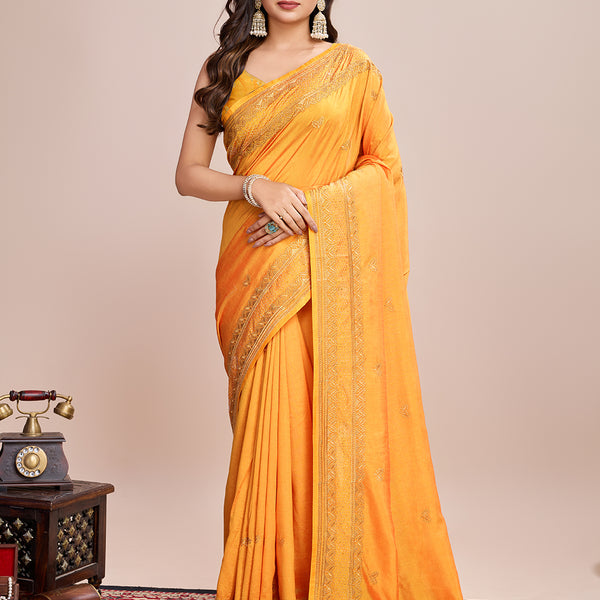 Vedant Vastram Vichitra Silk Embroidered Work Saree - Mustard - Distacart