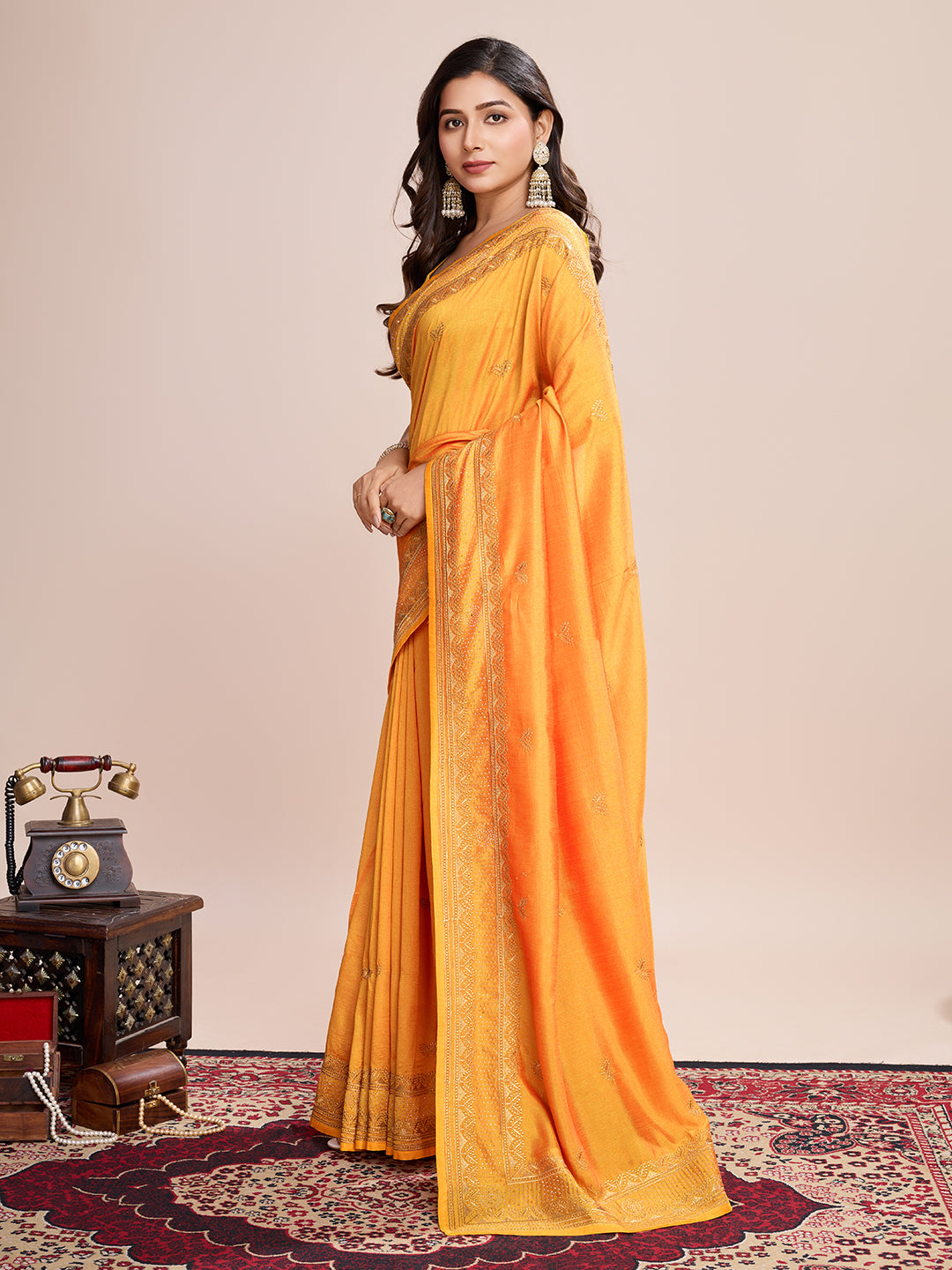 Vedant Vastram Vichitra Silk Embroidered Work Saree - Mustard - Distacart