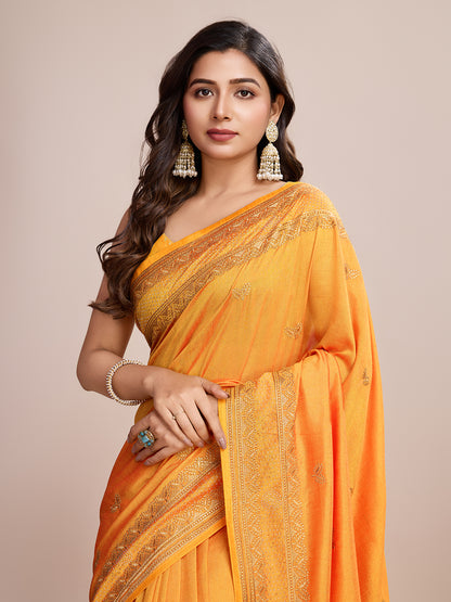 Vedant Vastram Vichitra Silk Embroidered Work Saree - Mustard - Distacart
