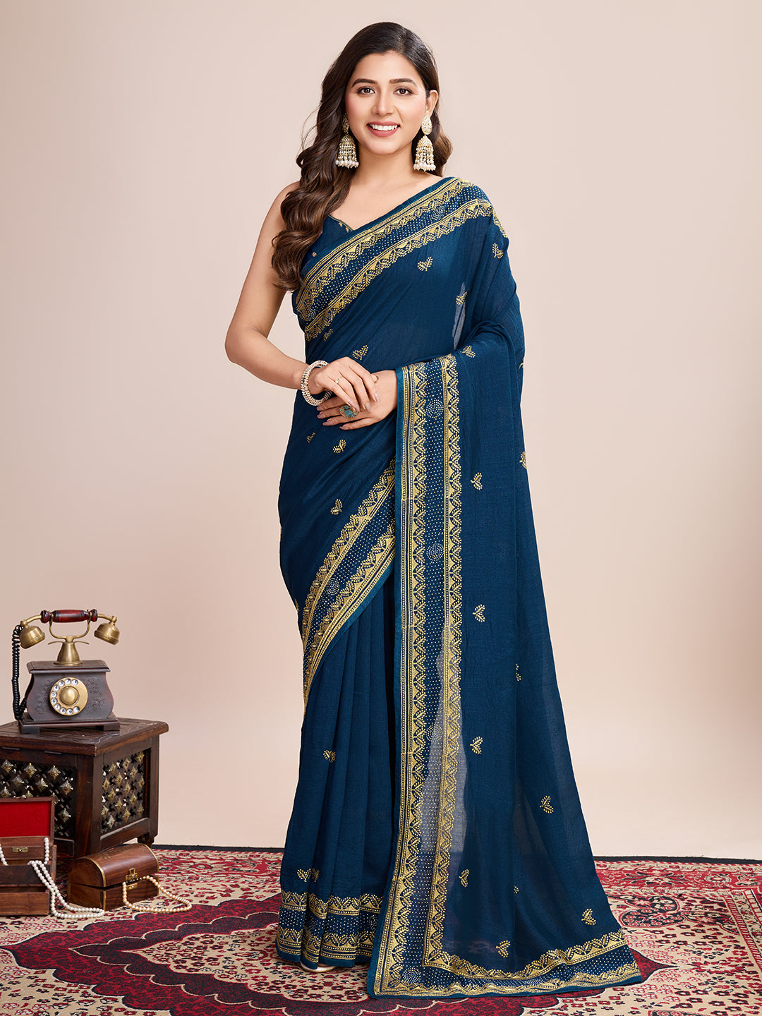 Vedant Vastram Vichitra Silk Embroidered Work Saree - Navy - Distacart
