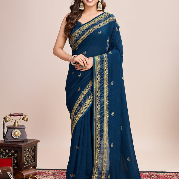 Vedant Vastram Vichitra Silk Embroidered Work Saree - Navy - Distacart