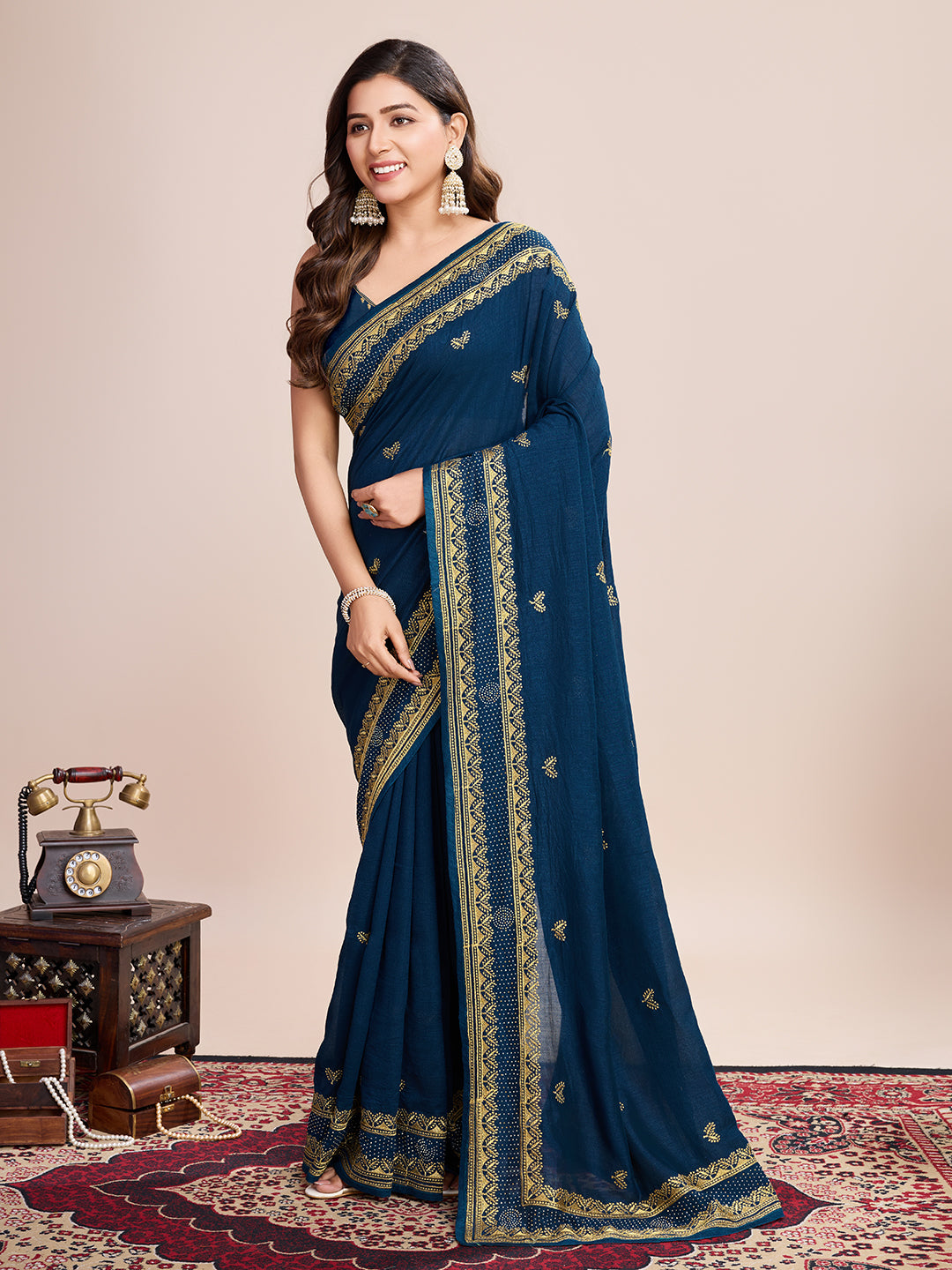 Vedant Vastram Vichitra Silk Embroidered Work Saree - Navy - Distacart
