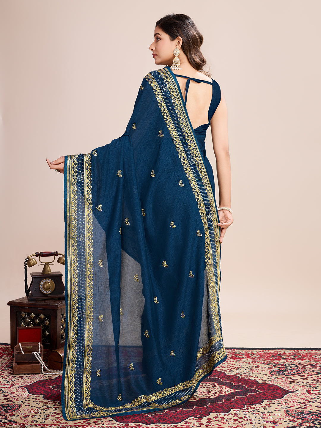 Vedant Vastram Vichitra Silk Embroidered Work Saree - Navy - Distacart