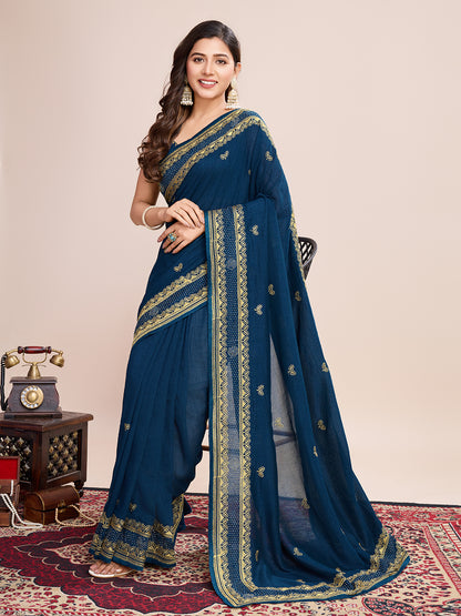 Vedant Vastram Vichitra Silk Embroidered Work Saree - Navy - Distacart