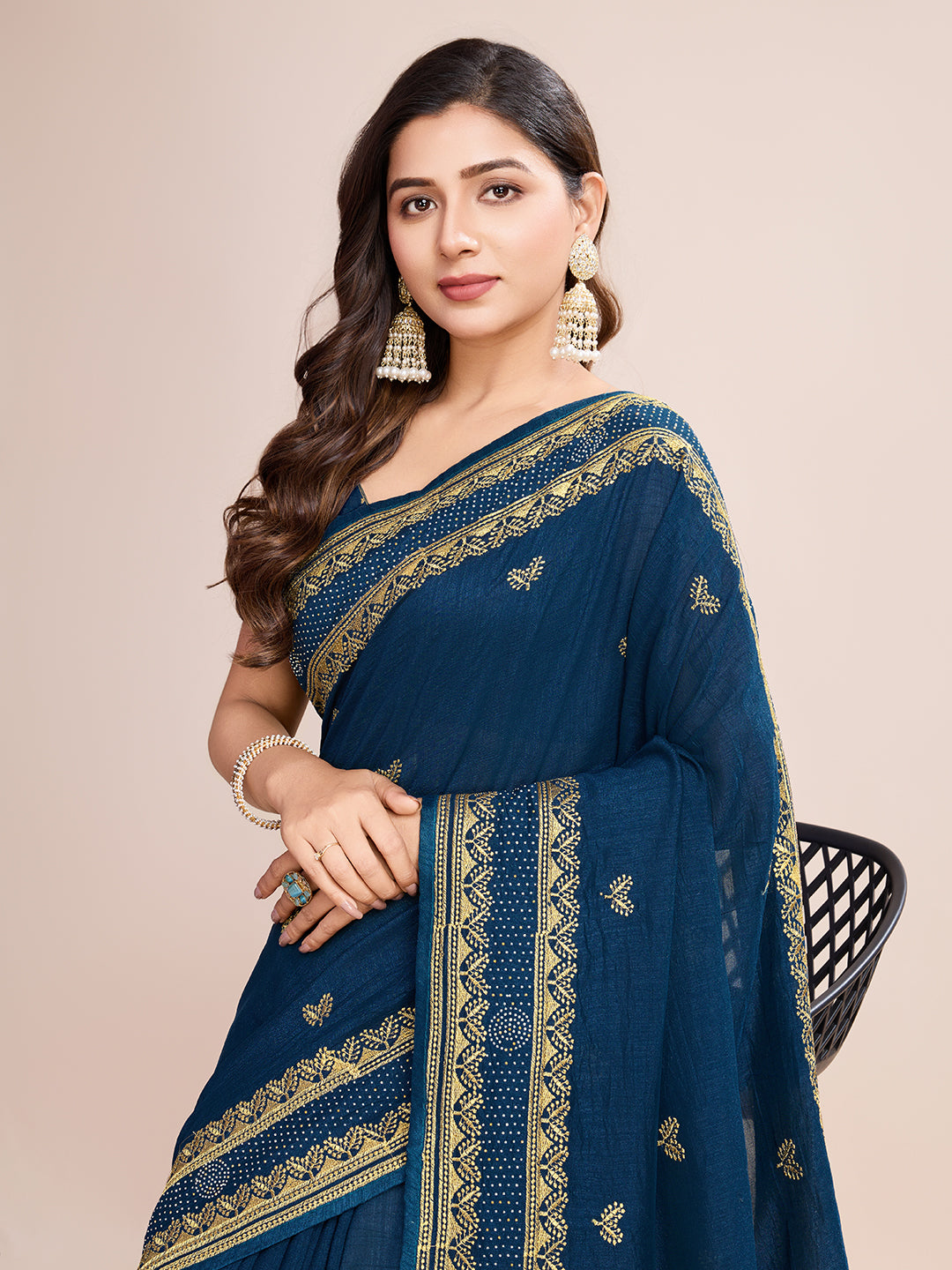 Vedant Vastram Vichitra Silk Embroidered Work Saree - Navy - Distacart
