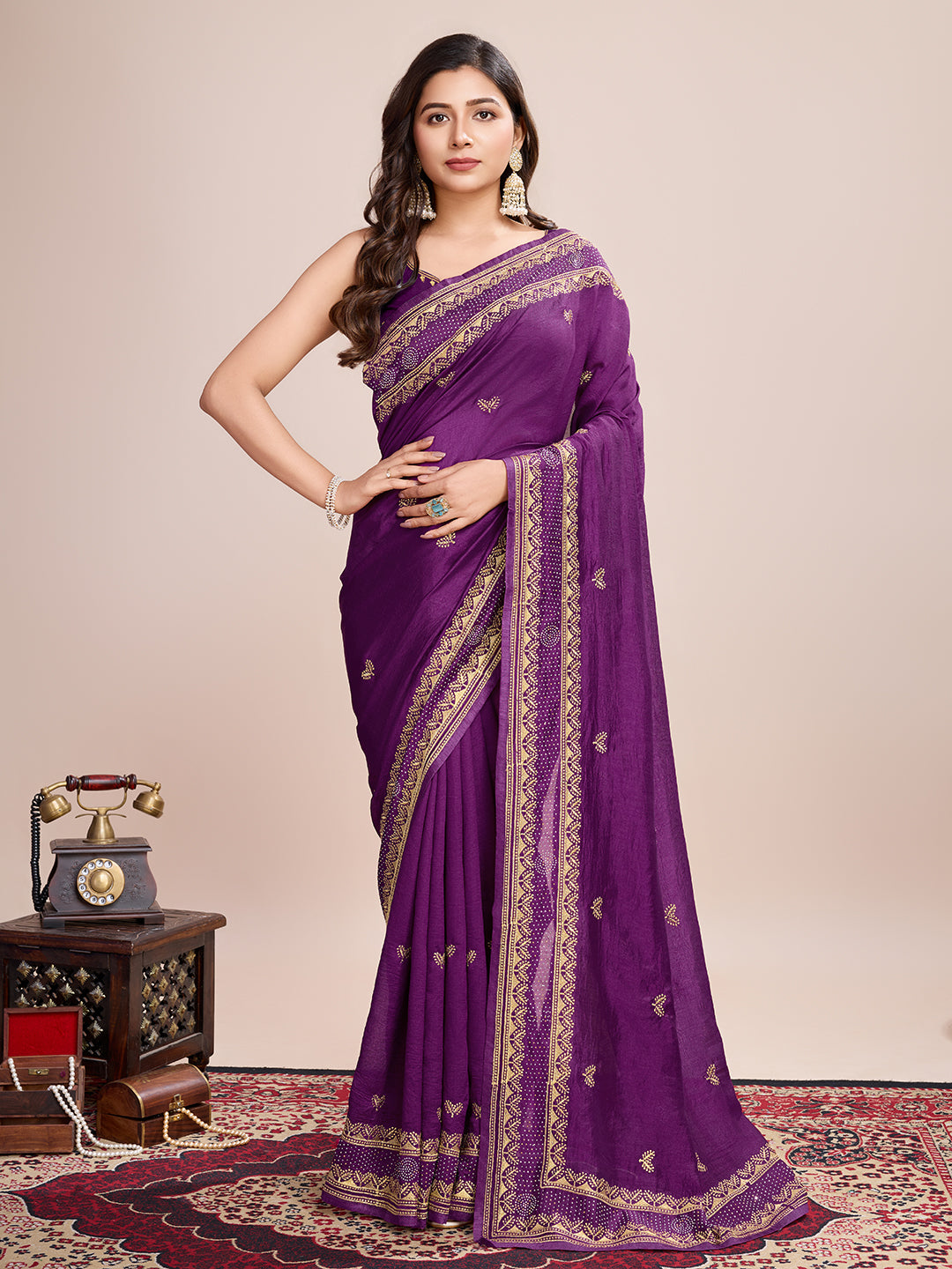 Vedant Vastram Vichitra Silk Embroidered Work Saree - Purple - Distacart