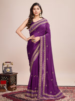 Thumbnail for Vedant Vastram Vichitra Silk Embroidered Work Saree - Purple - Distacart