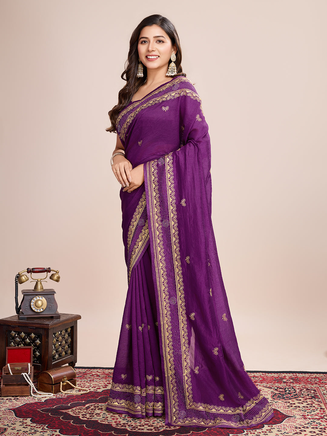 Vedant Vastram Vichitra Silk Embroidered Work Saree - Purple - Distacart