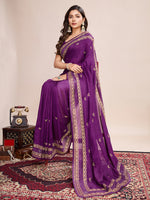 Thumbnail for Vedant Vastram Vichitra Silk Embroidered Work Saree - Purple - Distacart
