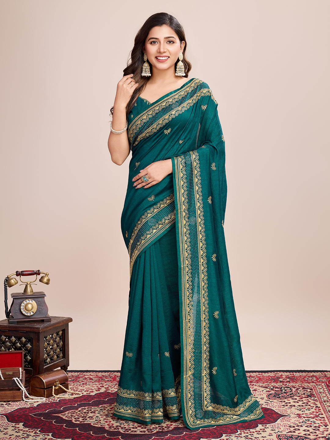 Vedant Vastram Vichitra Silk Embroidered Work Saree - Seegreen - Distacart
