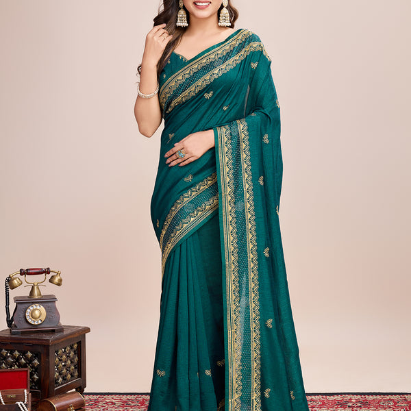 Vedant Vastram Vichitra Silk Embroidered Work Saree - Seegreen - Distacart