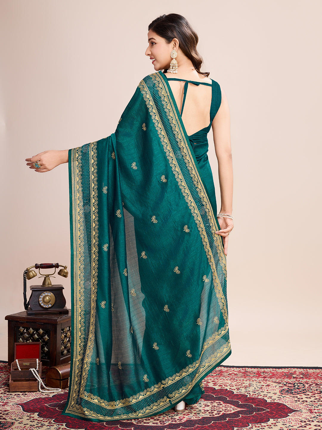 Vedant Vastram Vichitra Silk Embroidered Work Saree - Seegreen - Distacart