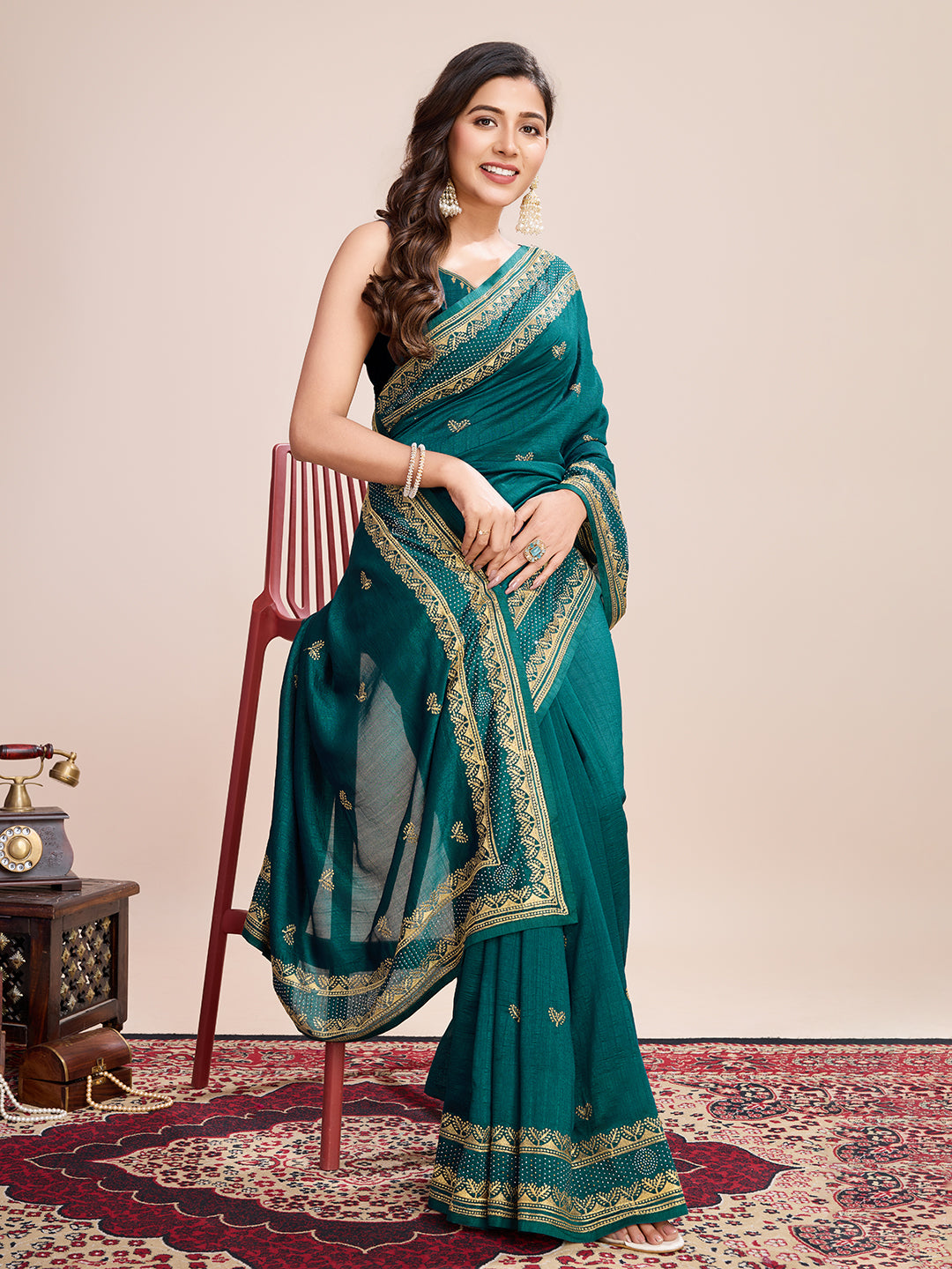 Vedant Vastram Vichitra Silk Embroidered Work Saree - Seegreen - Distacart