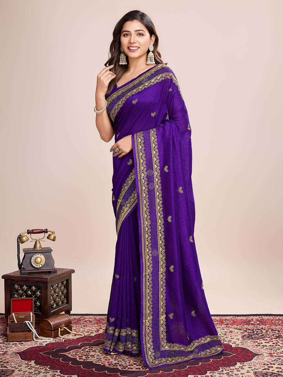 Vedant Vastram Vichitra Silk Embroidered Work Saree - Violet - Distacart