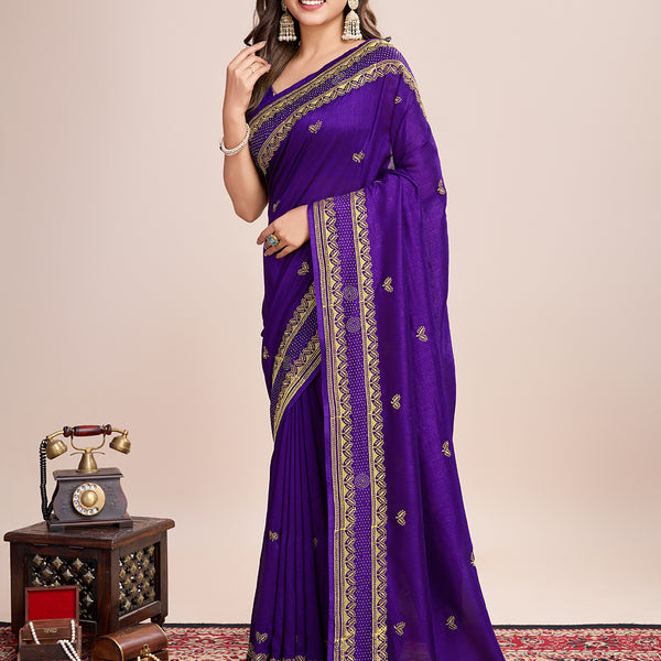 Vedant Vastram Vichitra Silk Embroidered Work Saree - Violet - Distacart