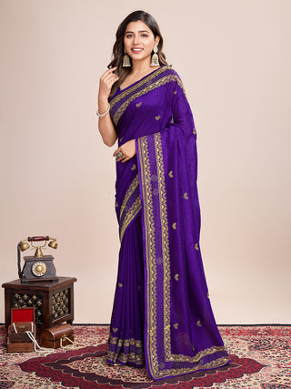 Vedant Vastram Vichitra Silk Embroidered Work Saree - Violet - Distacart