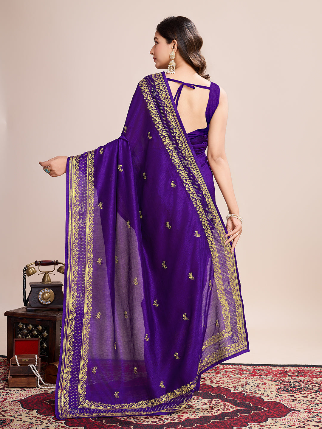 Vedant Vastram Vichitra Silk Embroidered Work Saree - Violet - Distacart