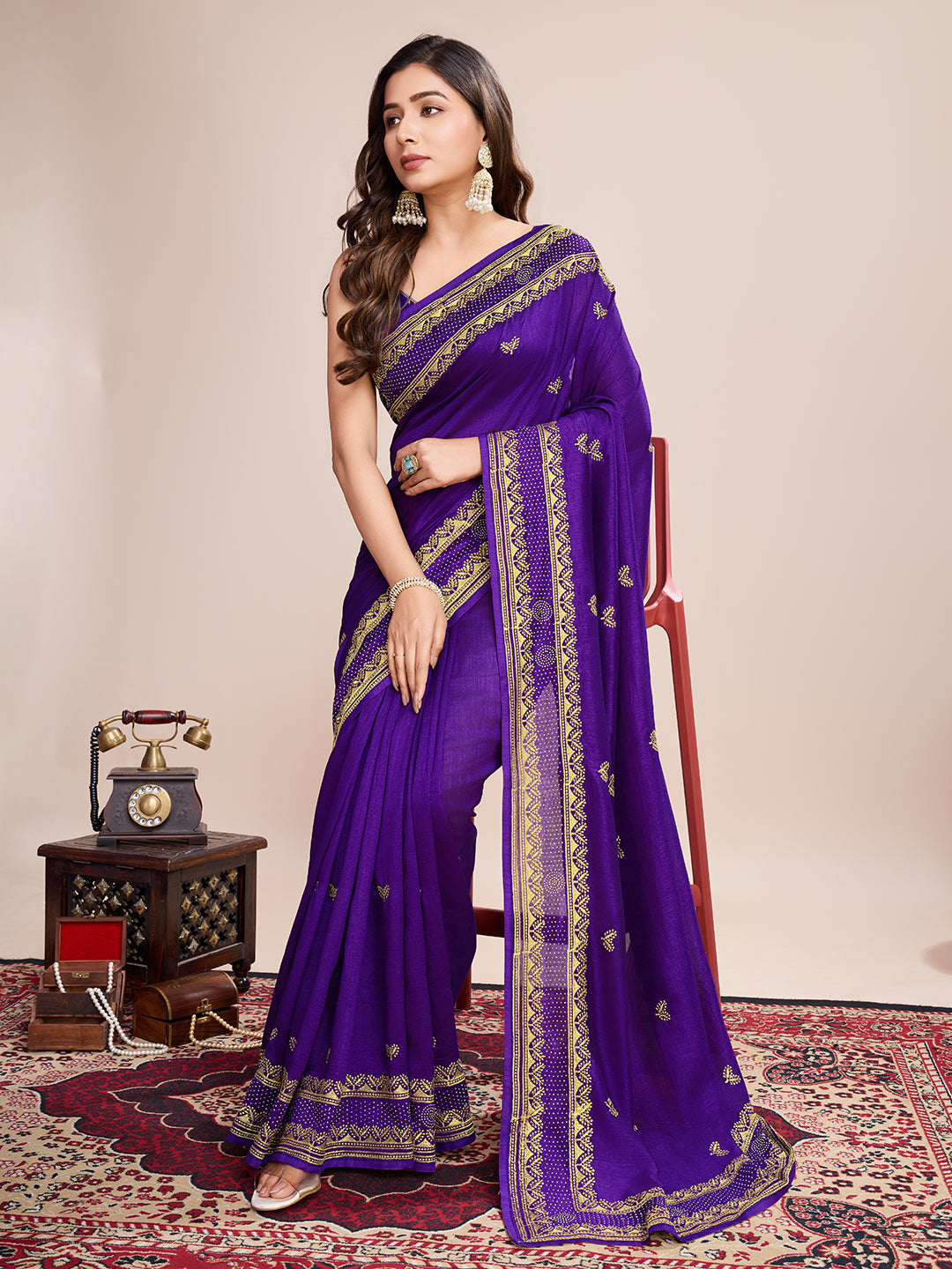Vedant Vastram Vichitra Silk Embroidered Work Saree - Violet - Distacart