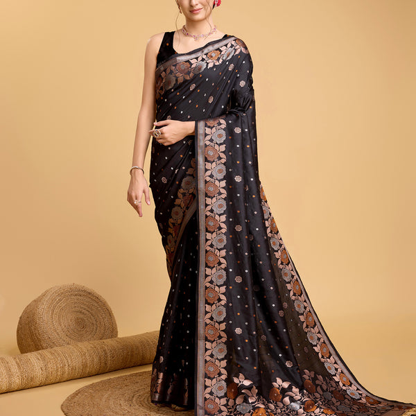 Vedant Vastram Soft Litchi Silk Banarasi Silk Saree - Black - Distacart