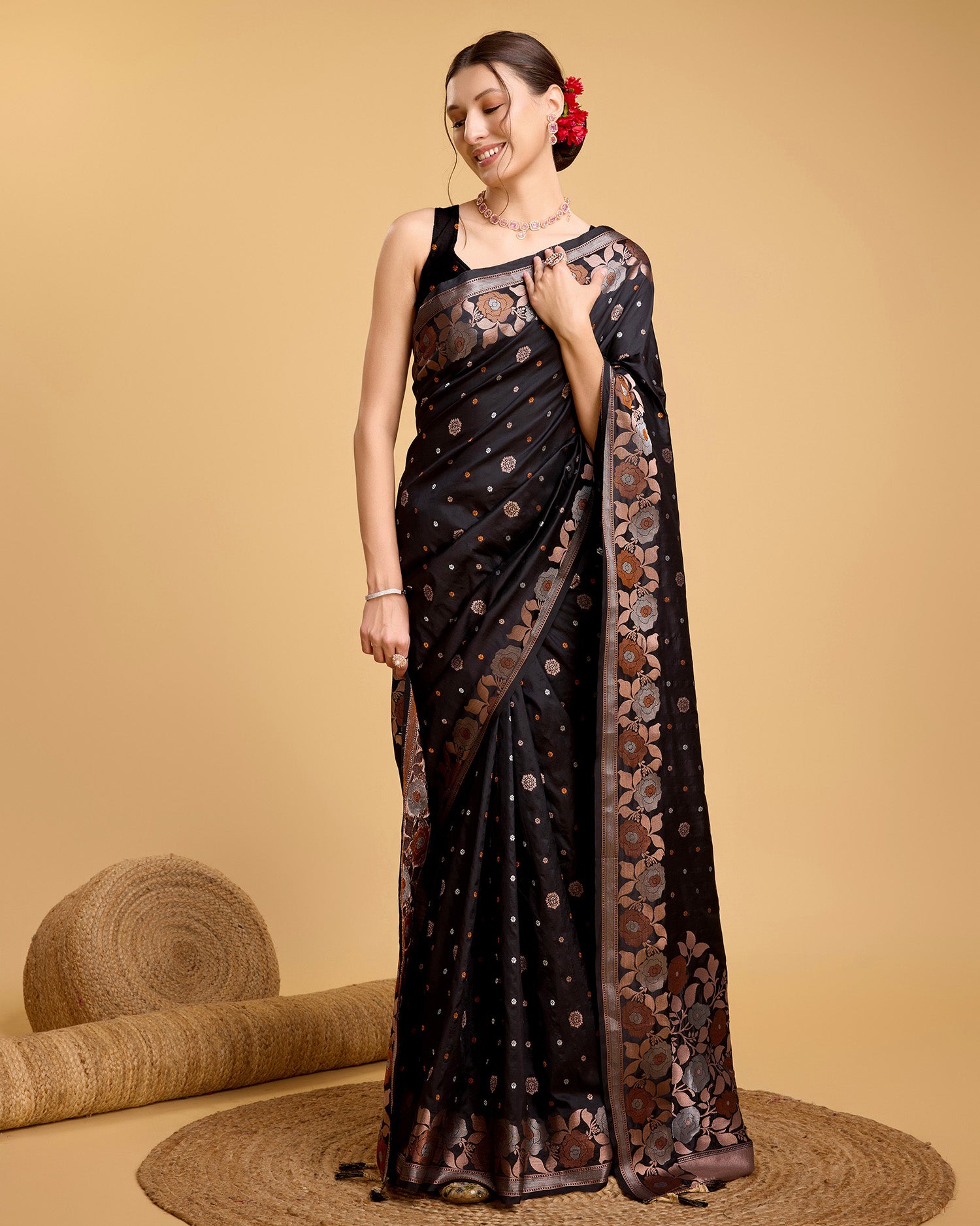 Vedant Vastram Soft Litchi Silk Banarasi Silk Saree - Black - Distacart