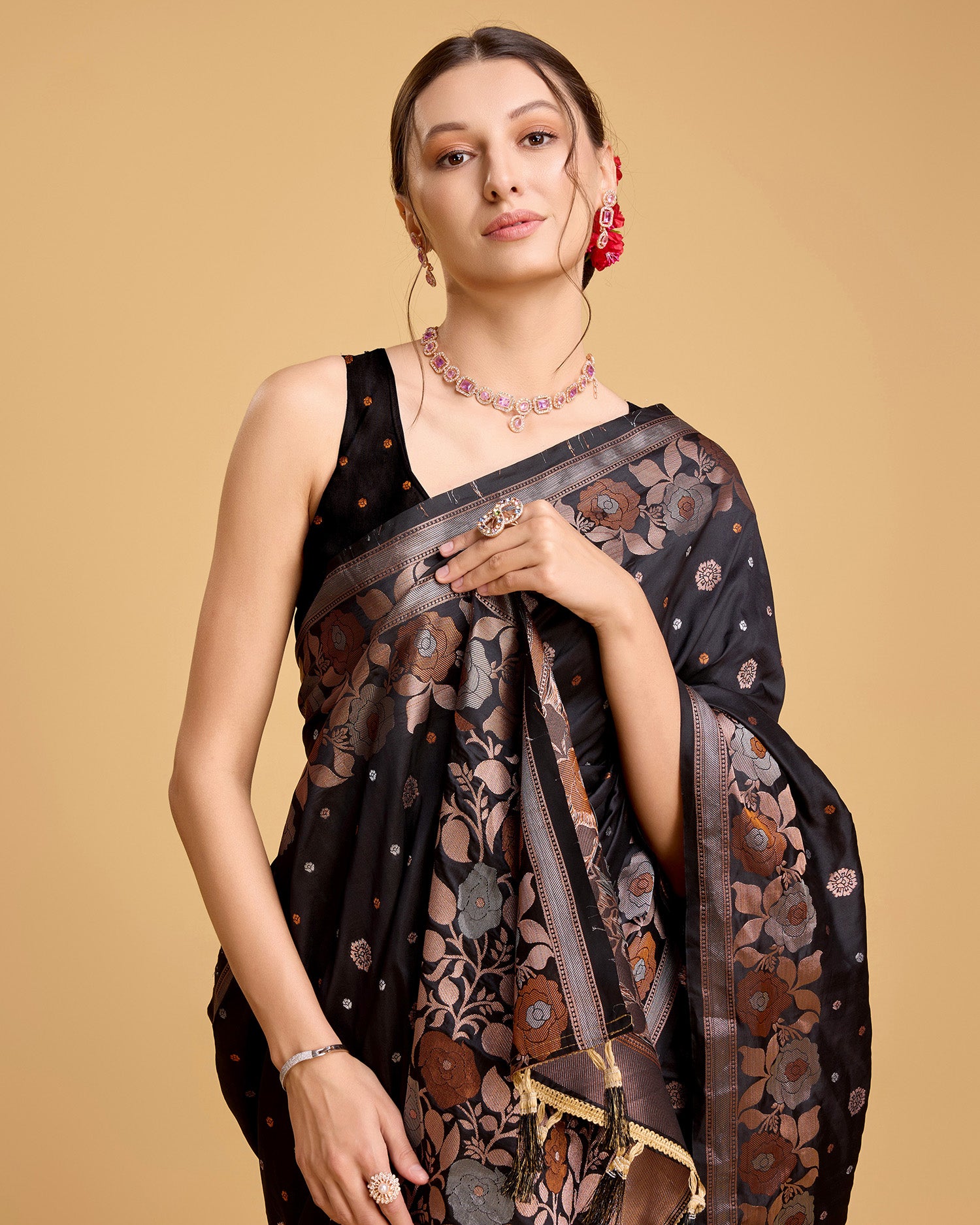 Vedant Vastram Soft Litchi Silk Banarasi Silk Saree - Black - Distacart