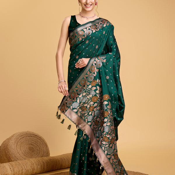 Vedant Vastram Soft Litchi Silk Banarasi Silk Saree - Green - Distacart