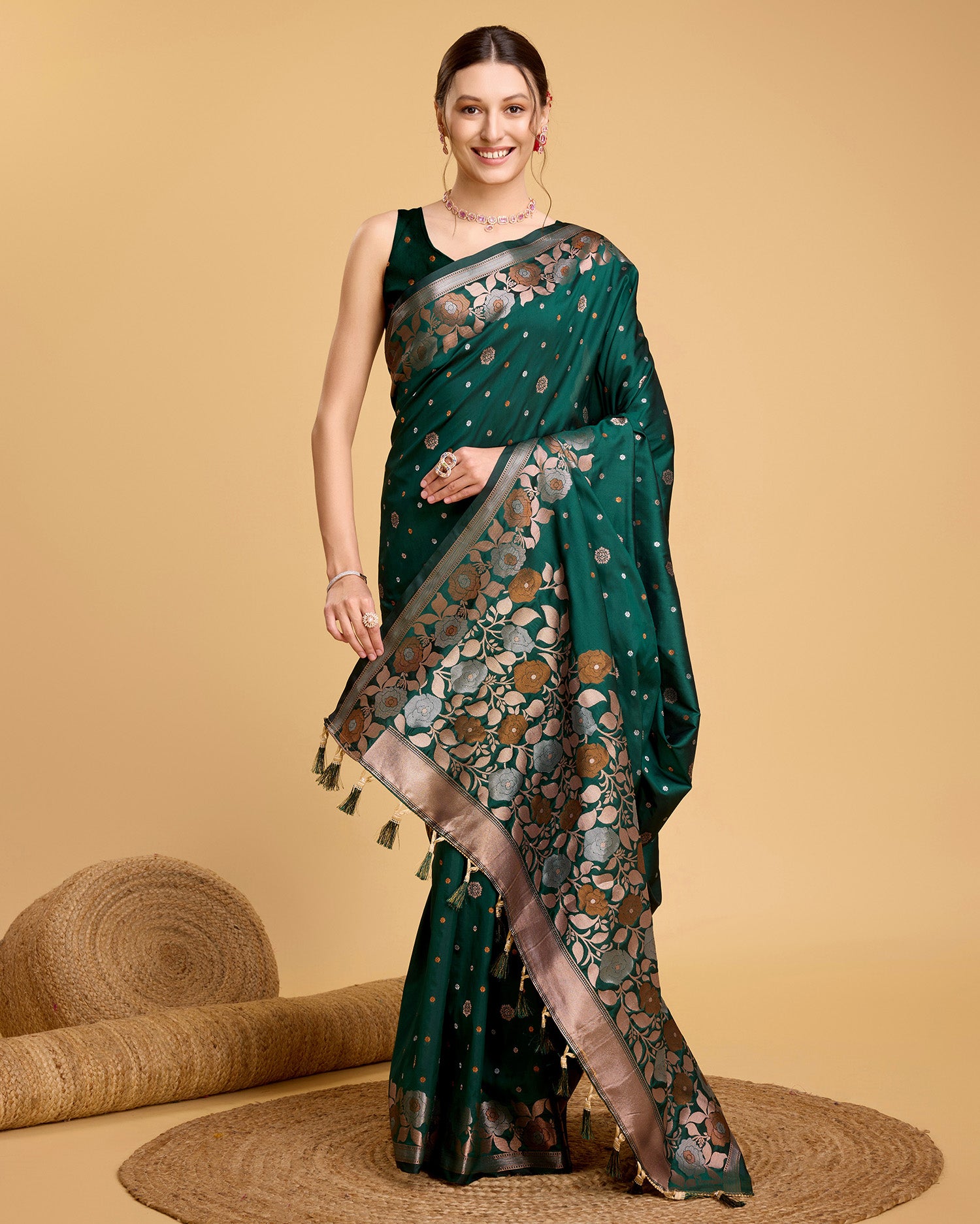 Vedant Vastram Soft Litchi Silk Banarasi Silk Saree - Green - Distacart