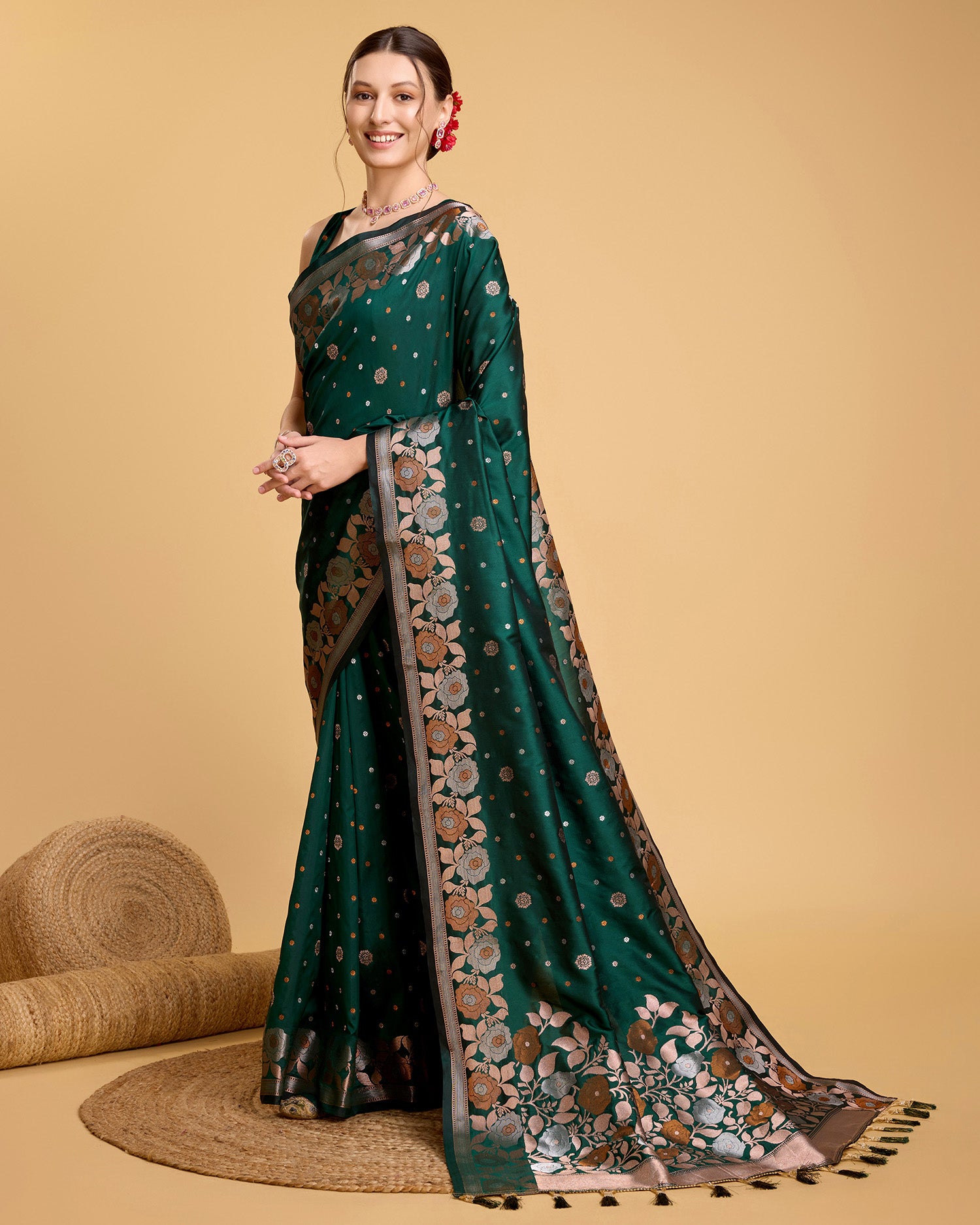 Vedant Vastram Soft Litchi Silk Banarasi Silk Saree - Green - Distacart