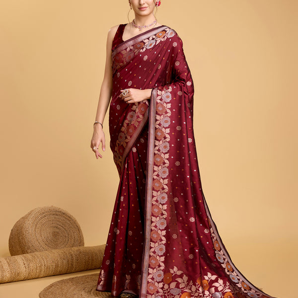 Vedant Vastram Soft Litchi Silk Banarasi Silk Saree - Maroon - Distacart