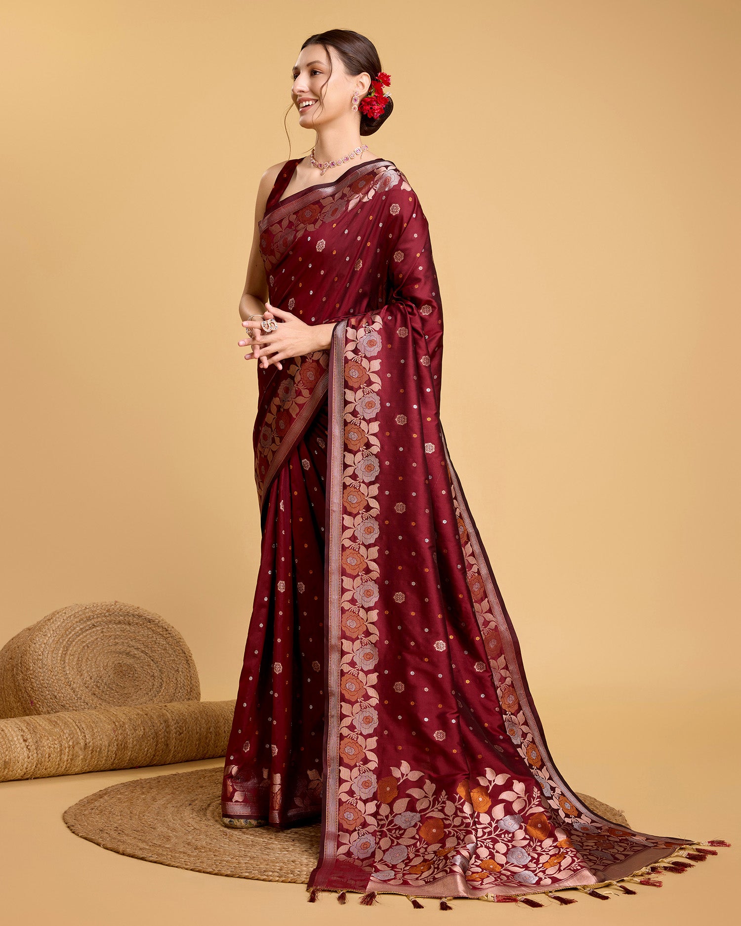 Vedant Vastram Soft Litchi Silk Banarasi Silk Saree - Maroon - Distacart