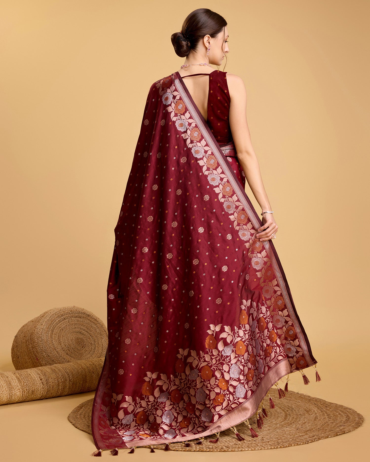 Vedant Vastram Soft Litchi Silk Banarasi Silk Saree - Maroon - Distacart