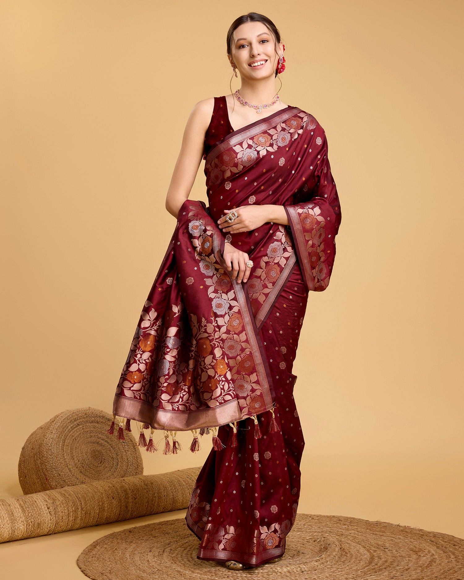 Vedant Vastram Soft Litchi Silk Banarasi Silk Saree - Maroon - Distacart