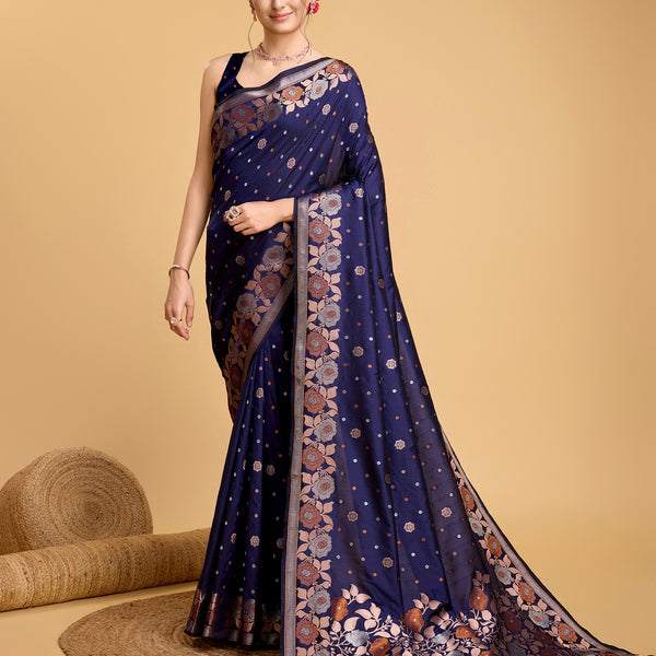Vedant Vastram Soft Litchi Silk Banarasi Silk Saree - Navy - Distacart