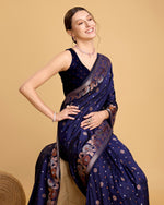 Thumbnail for Vedant Vastram Soft Litchi Silk Banarasi Silk Saree - Navy - Distacart
