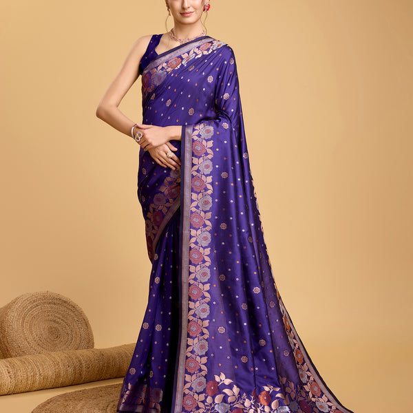 Vedant Vastram Soft Litchi Silk Banarasi Silk Saree - Violet - Distacart