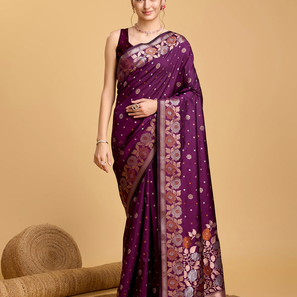 Vedant Vastram Soft Litchi Silk Banarasi Silk Saree - Wine - Distacart