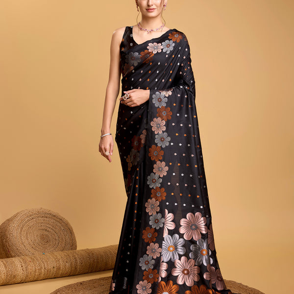 Vedant Vastram Soft Litchi Silk Banarasi Silk Saree - Black - Distacart