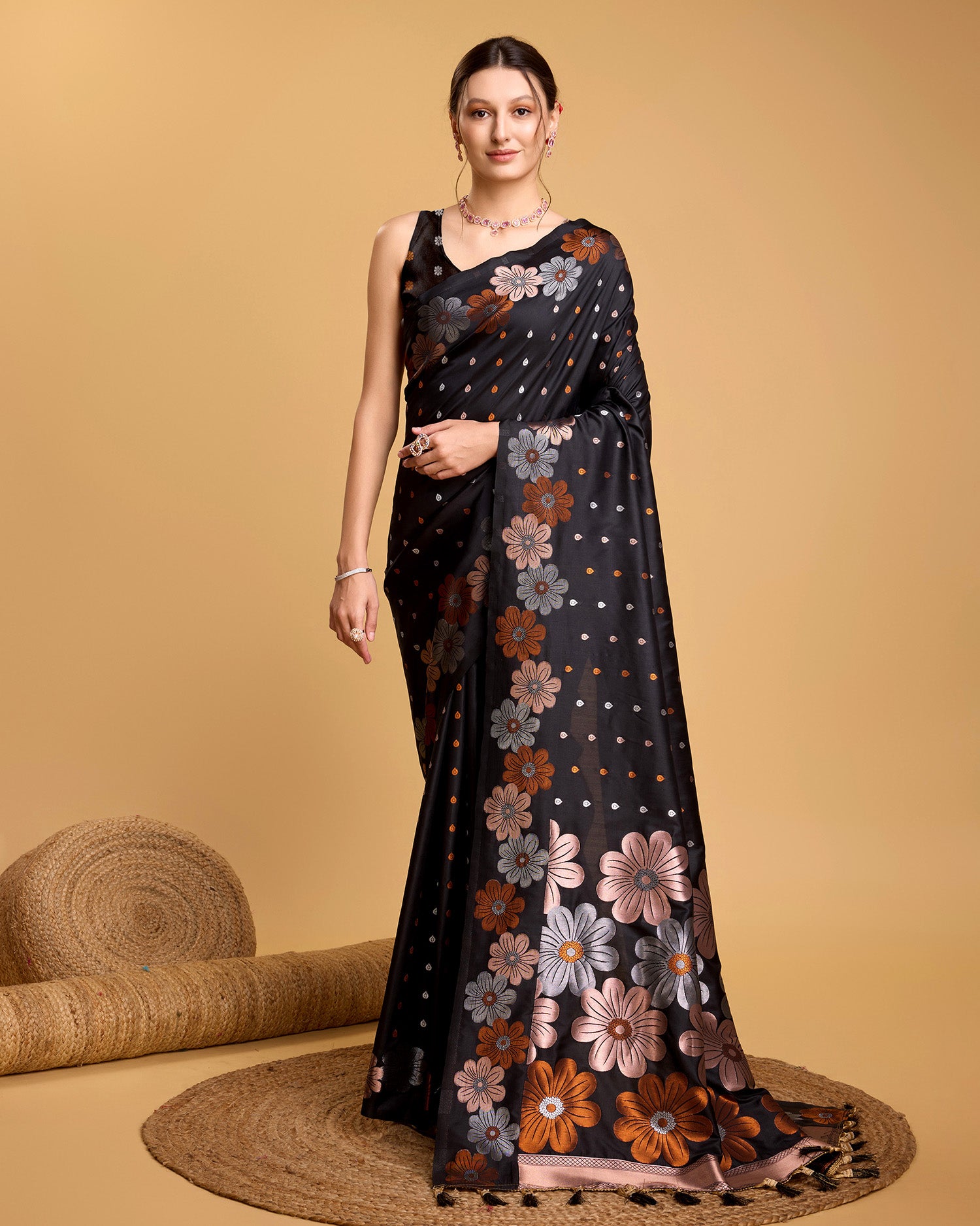 Vedant Vastram Soft Litchi Silk Banarasi Silk Saree - Black - Distacart