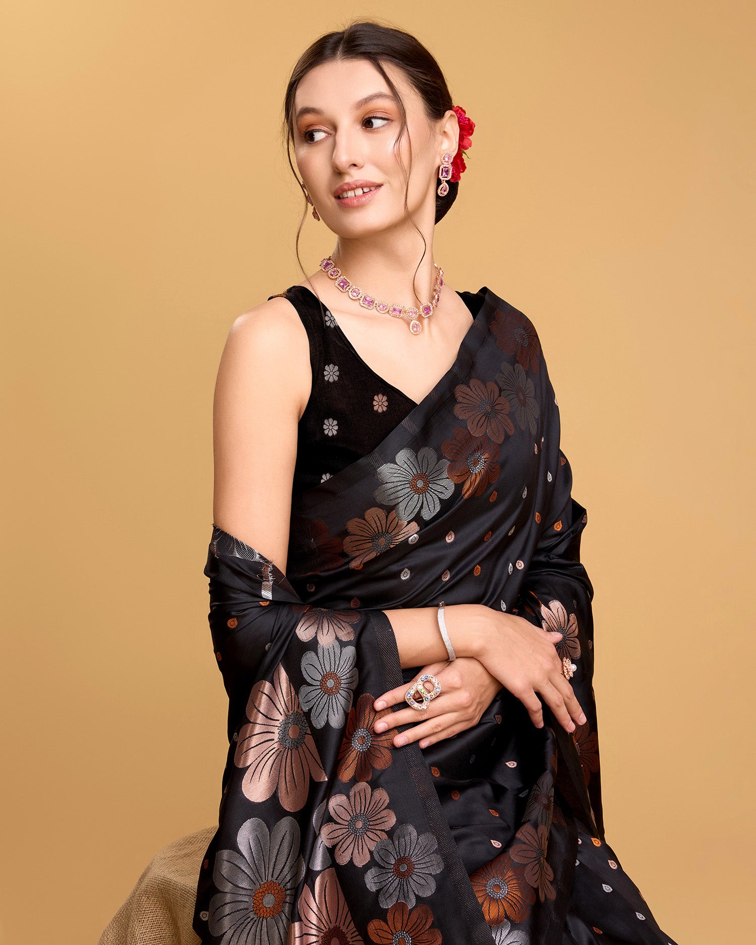 Vedant Vastram Soft Litchi Silk Banarasi Silk Saree - Black - Distacart