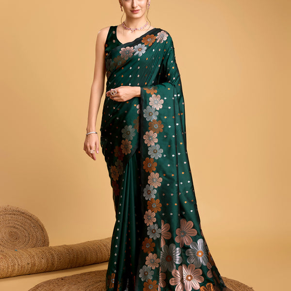 Vedant Vastram Soft Litchi Silk Banarasi Silk Saree - Green - Distacart