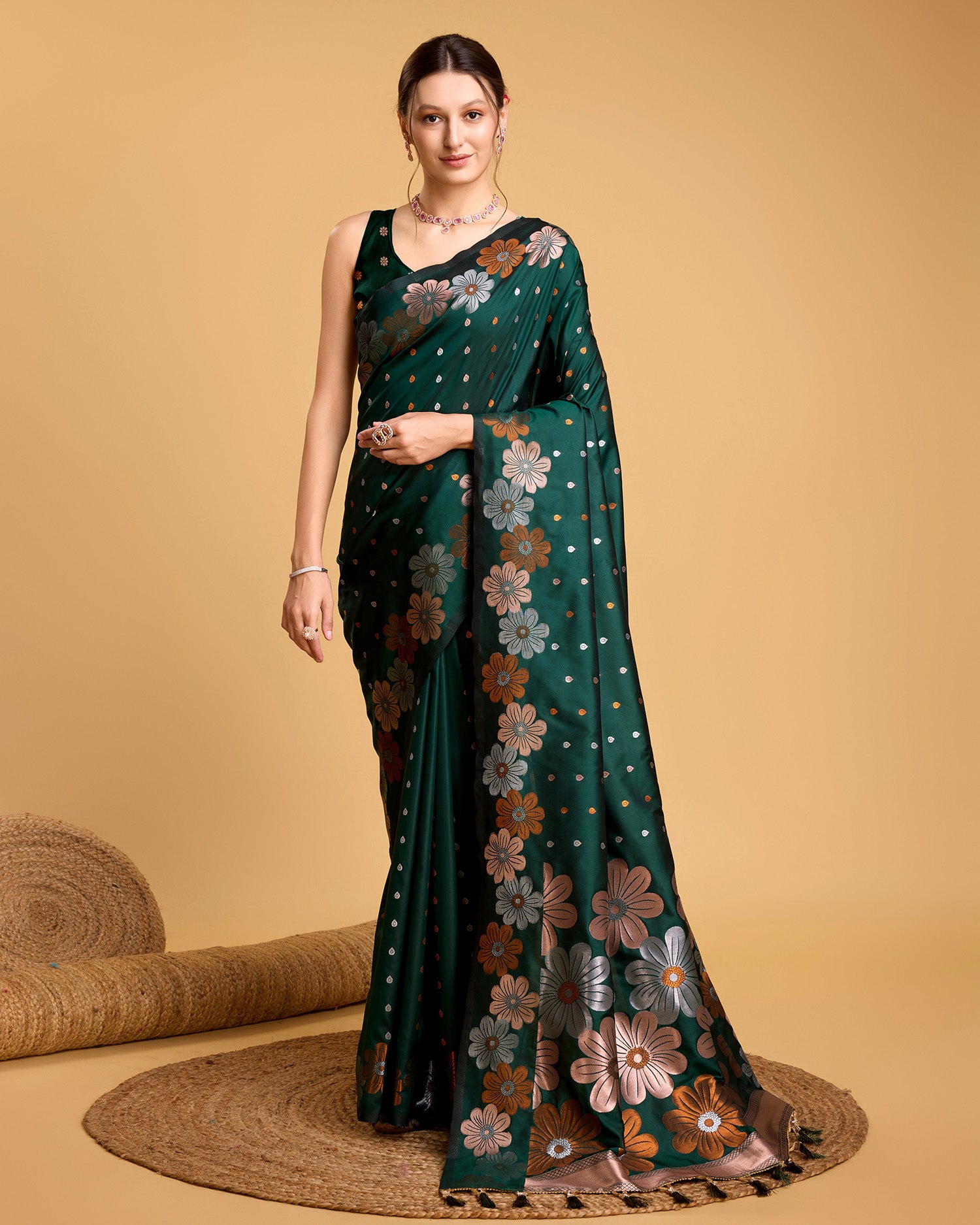 Vedant Vastram Soft Litchi Silk Banarasi Silk Saree - Green - Distacart