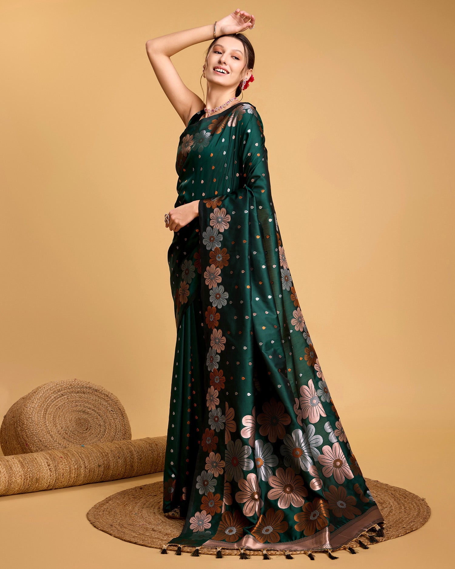 Vedant Vastram Soft Litchi Silk Banarasi Silk Saree - Green - Distacart