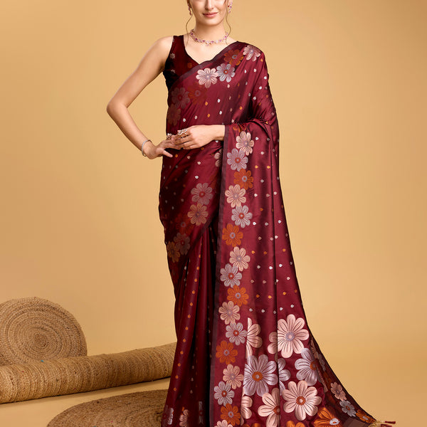 Vedant Vastram Soft Litchi Silk Banarasi Silk Saree - Maroon - Distacart