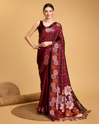 Vedant Vastram Soft Litchi Silk Banarasi Silk Saree - Maroon - Distacart