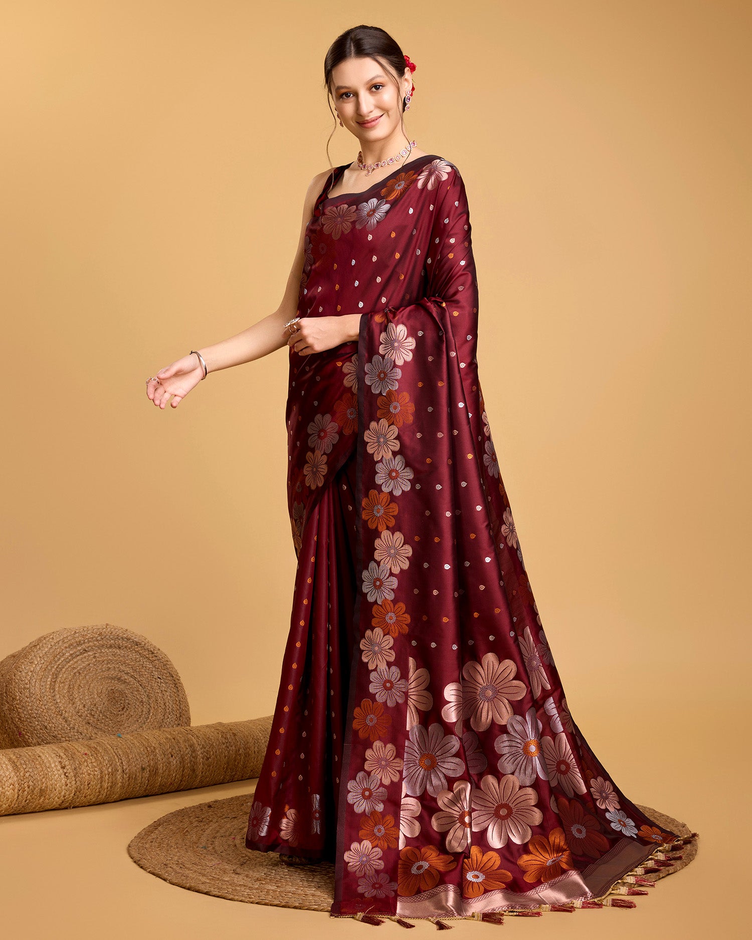 Vedant Vastram Soft Litchi Silk Banarasi Silk Saree - Maroon - Distacart