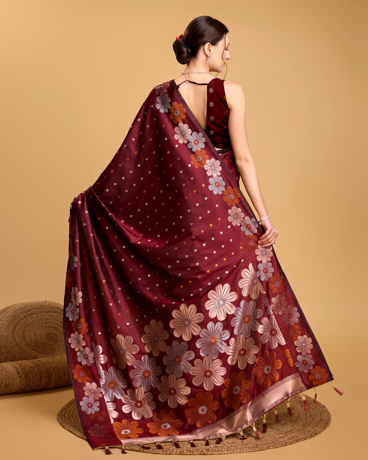 Vedant Vastram Soft Litchi Silk Banarasi Silk Saree - Maroon - Distacart