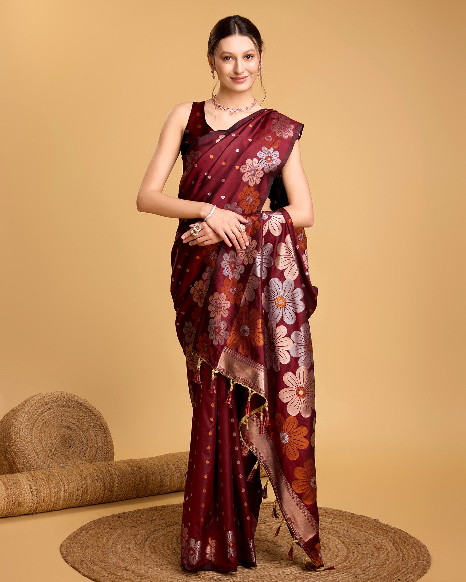 Vedant Vastram Soft Litchi Silk Banarasi Silk Saree - Maroon - Distacart